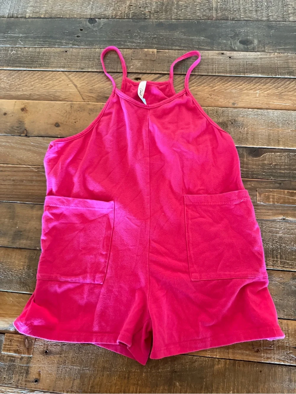 Girls Hot Pink Terry Romper with Front Pockets